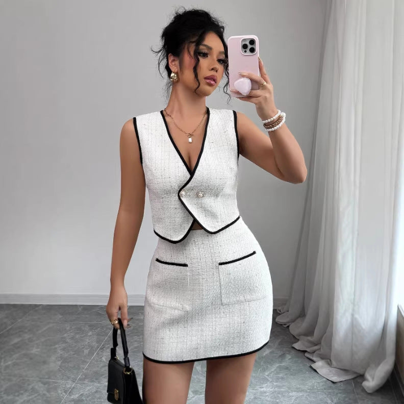 Casualwear set with sleeveless irregular top and color-block pocket A-line skirt from FitiqueFit, featuring a modern, stylish design.