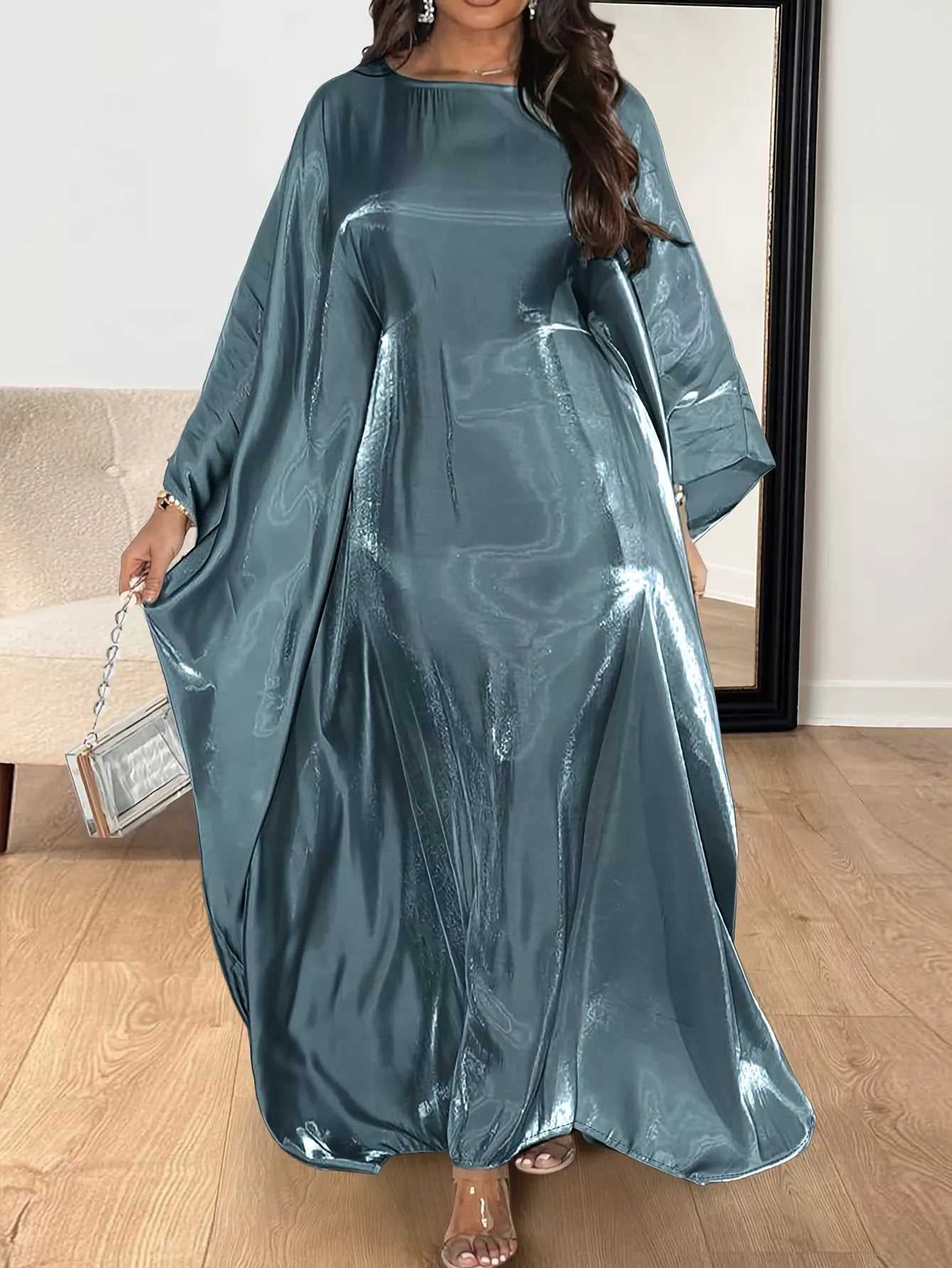 Round neck kimono sleeve maxi dress by Shopiebay, flowing fabric, elegant design, full-length dress with a relaxed fit.