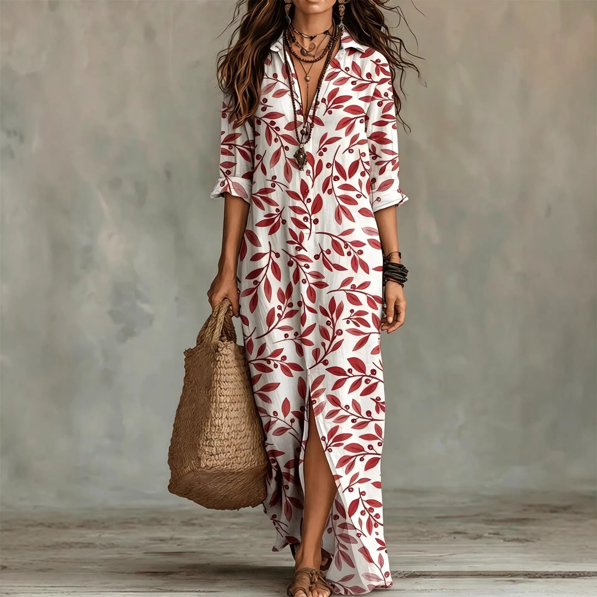Digital print lapel midi shirt dress by FitiqueFit in five colors, casualwear, featuring a button-up front and relaxed fit.