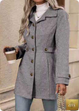 Women’s elegant woolen coat by FitiqueFit, medium-length winter coat with lapel collar and slim fit design.