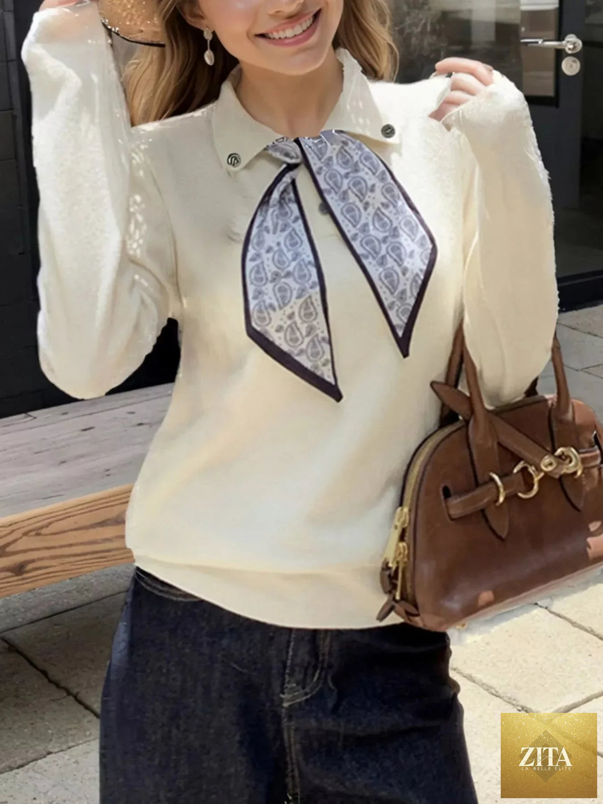Scarf-Accented Long Sleeve Sweater