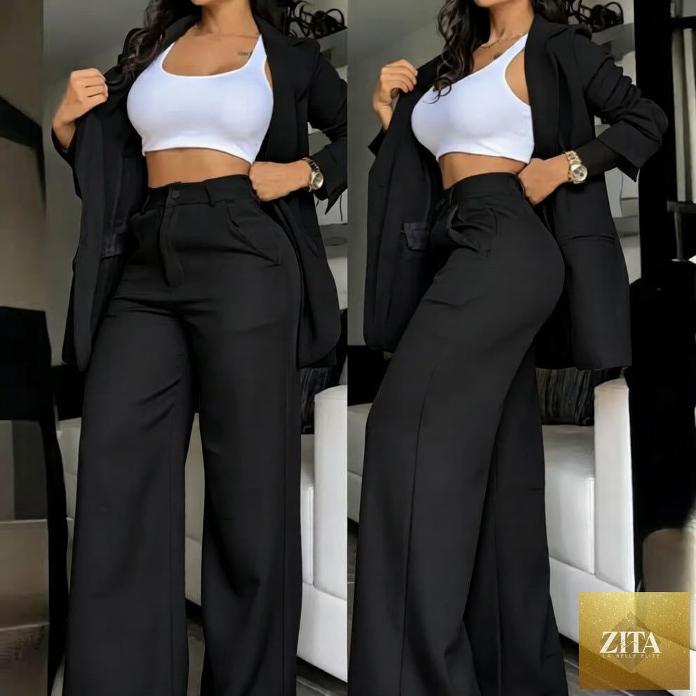 Women's Longline Open-Front Blazer & High-Waist Wide-Leg Trousers Suit Set – 8 Colors