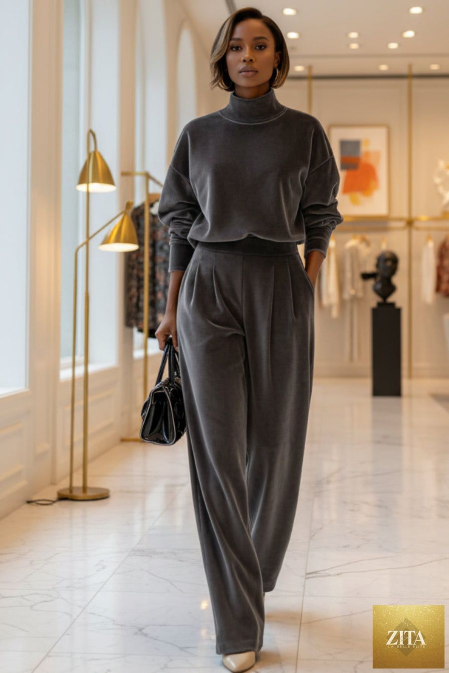 Women's Mock Turtleneck Balloon Sleeve Top & Pleated Wide-Leg Trousers Set