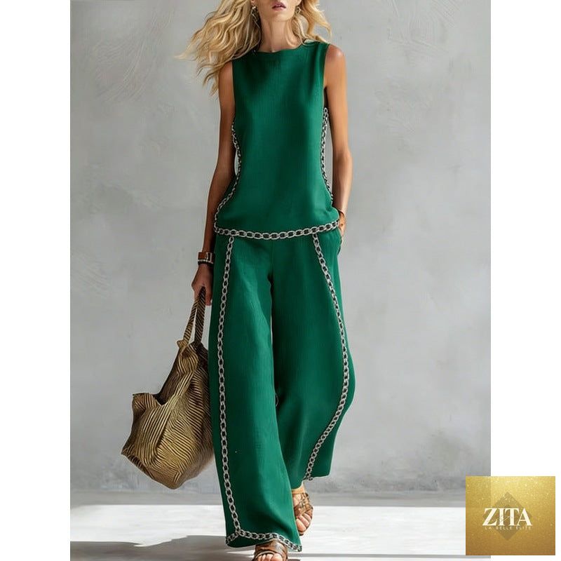 Printed retro sleeveless top and wide-leg pants set by MERIDGE, featuring vibrant print designs in various sizes.