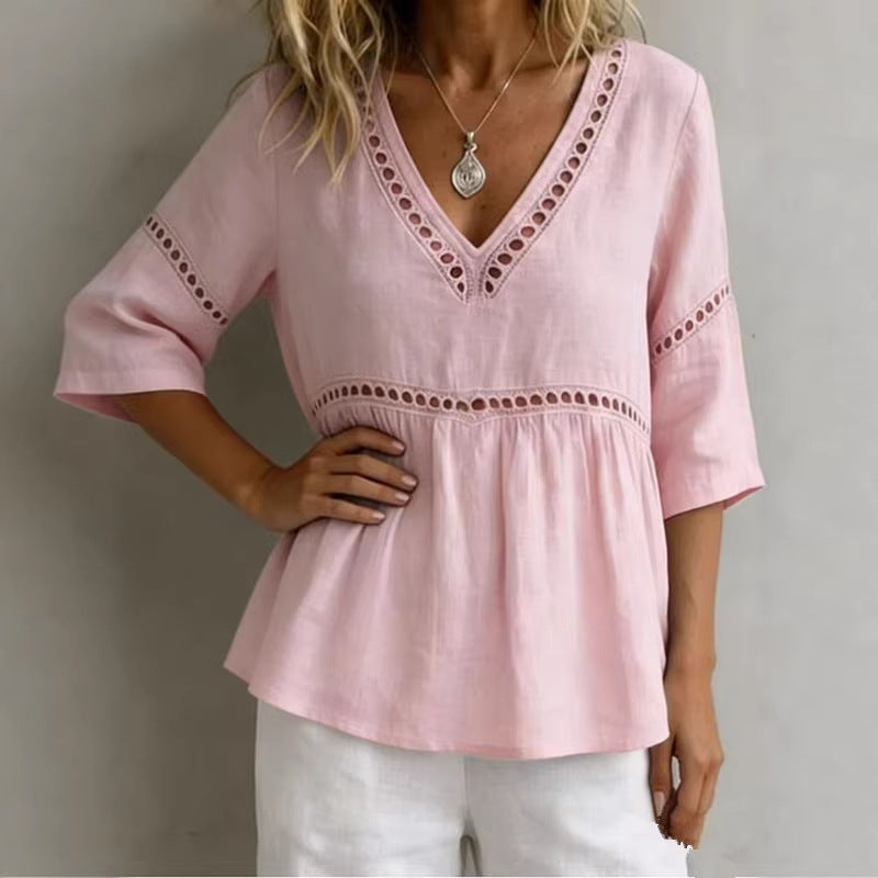 Women's V-neck hollow-out fringe cotton-linen top by FitiqueFit, featuring a casual V-neck style with fringe and lightweight breathable fabric.