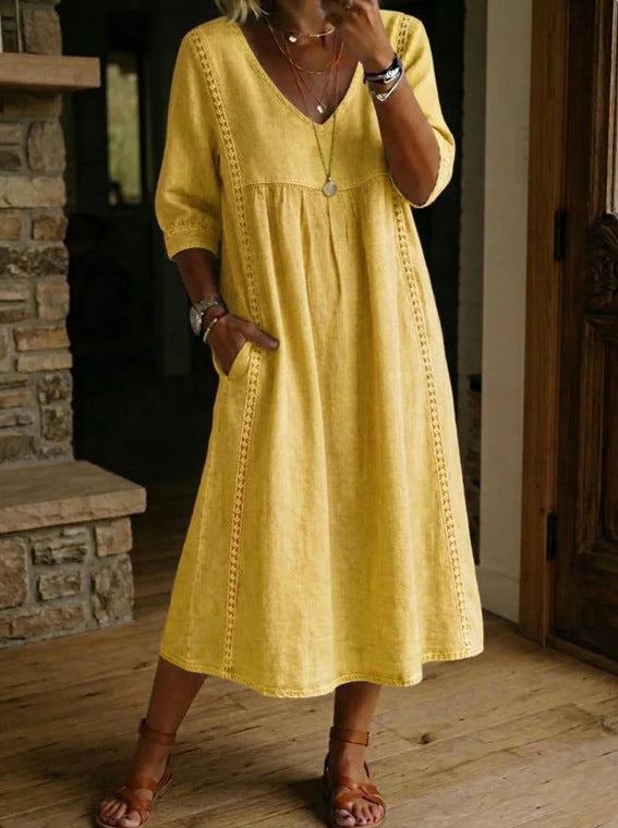 Women's linen cotton V-neck dress by FitiqueFit with lace trim, loose fit, available in 7 colors, perfect for casualwear.