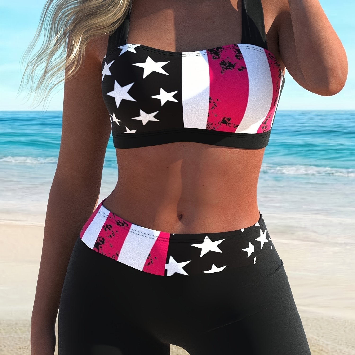Stevvex American flag print bikini set with criss cross halter top, ring knot back, and boxer shorts bottoms, summer beach swimwear.