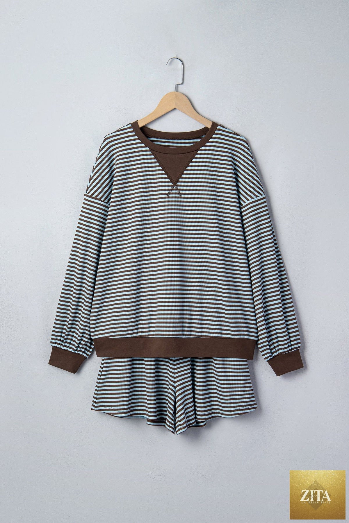 Pretty Bash stripe oversized long sleeve top and drawstring shorts set, casual two-piece loungewear ensemble.