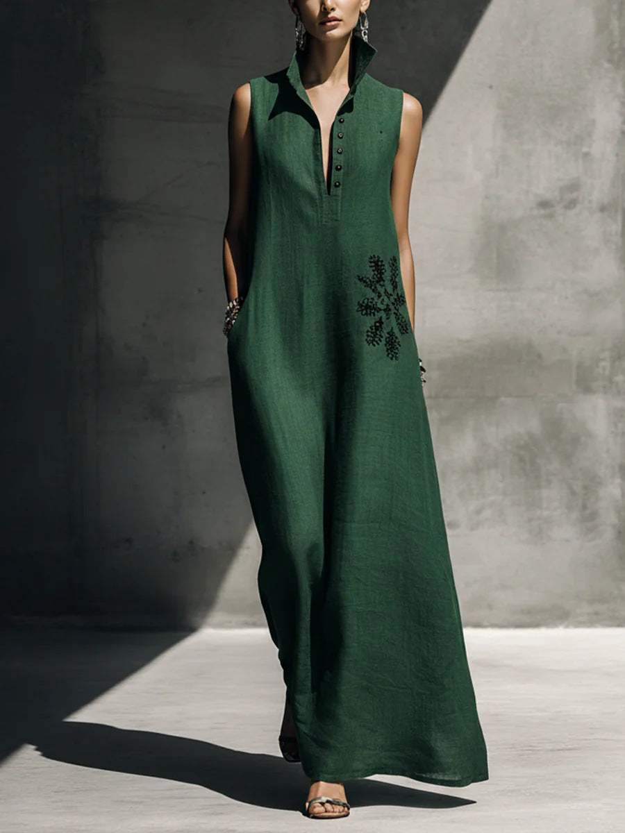 Women's cotton linen maxi dress with Mandarin collar, graphic print, and pockets by FitiqueFit, casualwear style.