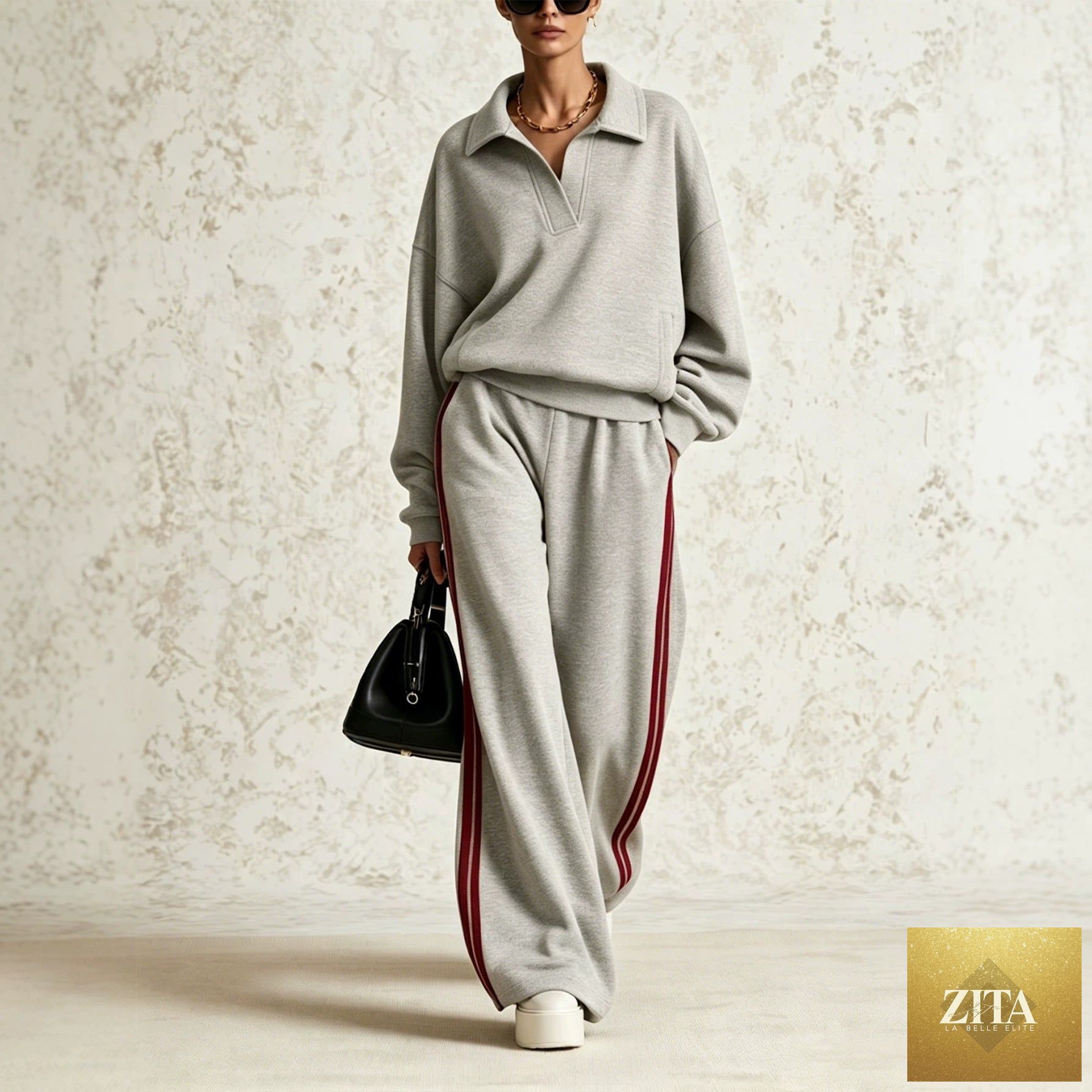 Women's Polo-Collar Oversized Sweatshirt & Side-Stripe Wide-Leg Pants Set
