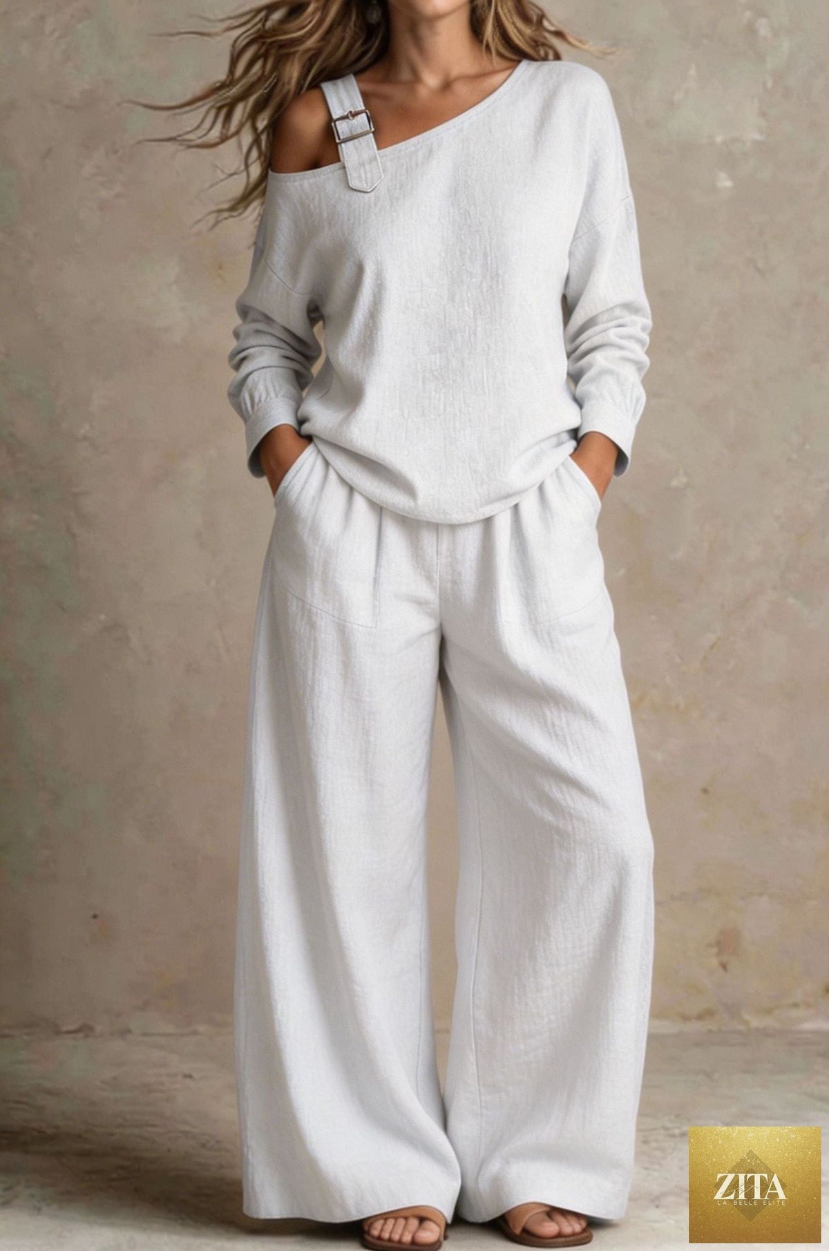 Women's One-Shoulder Buckle-Strap Long-Sleeve Linen Blend Top & Wide-Leg Palazzo Trouser Set