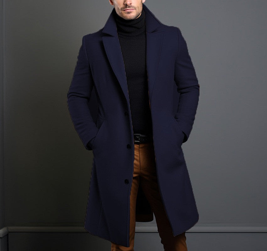 Men's mid-length trench coat in black with slim pockets, single-breasted collar, casual and business style for fall and winter.