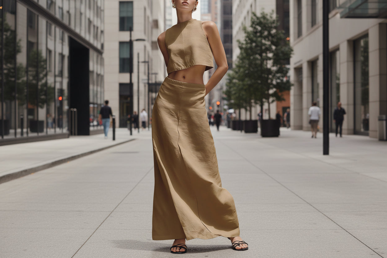 Women's sleeveless slimming maxi dress and two-piece casualwear set by FitiqueFit, featuring a fitted, elegant design in soft fabric.