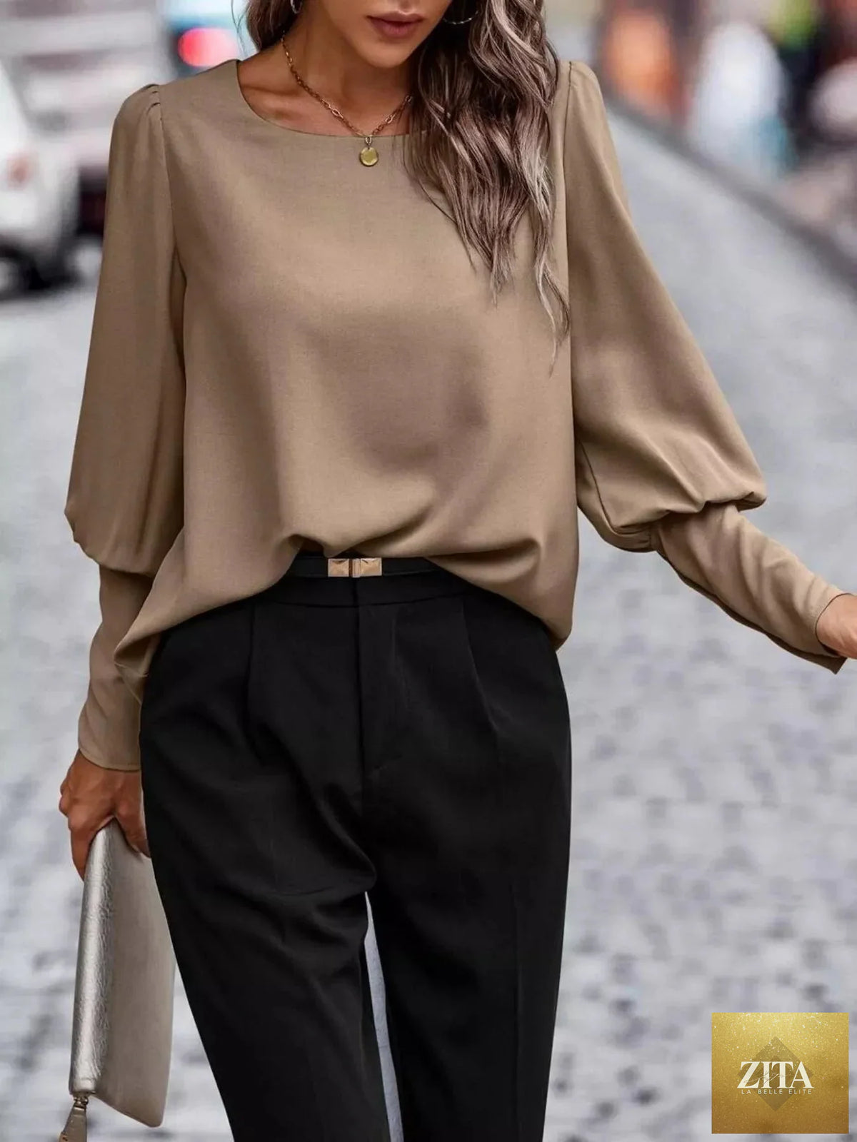 Simply Love back button lantern sleeve blouse with flowy fabric and stylish design, shown in a close-up image.