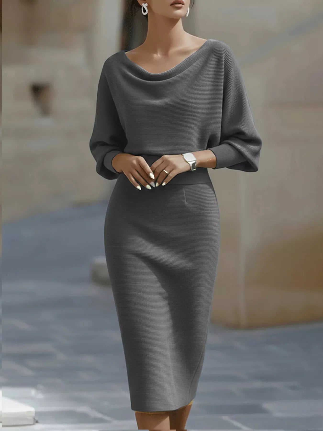 Black cowl neck knit bodycon dress by Shopiebay, form-fitting with long sleeves and a stylish cowl neckline.