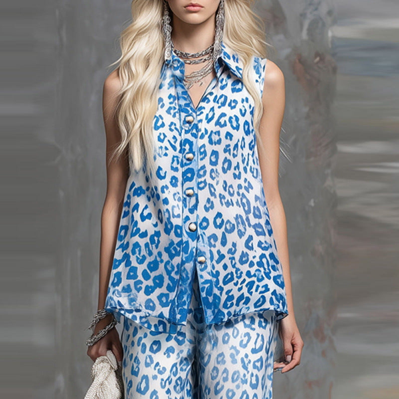Loose-fit leopard-print sleeveless shirt and trousers two-piece casualwear set by FitiqueFit, featuring a stylish animal print design.