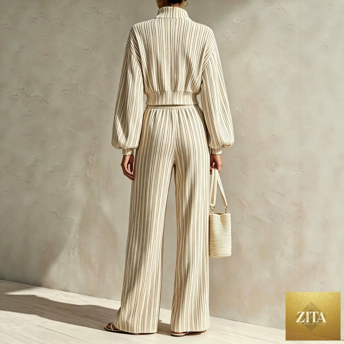 Women's Textured Woven-Stripe Puff-Sleeve Zip Jacket & Wide-Leg Pants Set