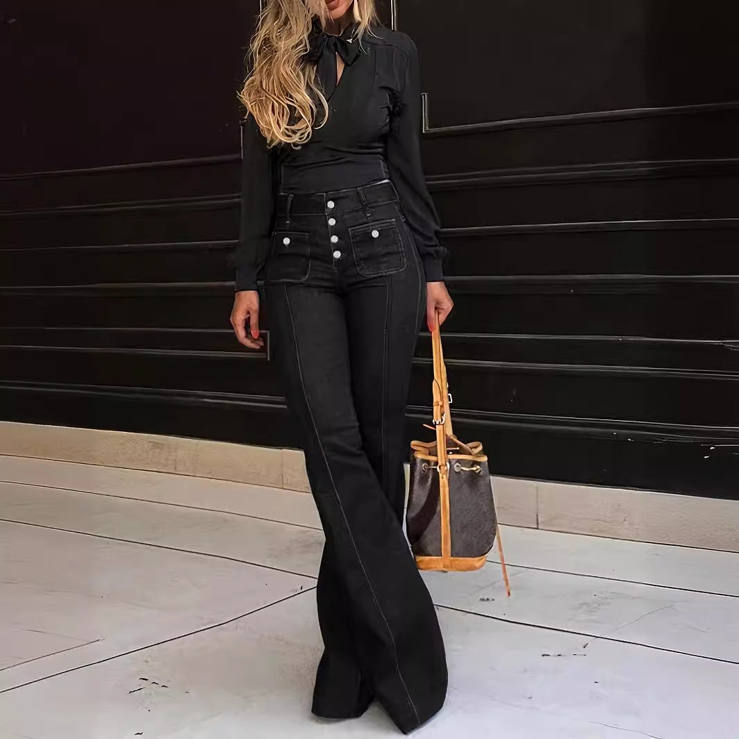 Women's Patchwork Jeans Slim Fit Slimming Stretch Flared Pants See size chart under “more details”
