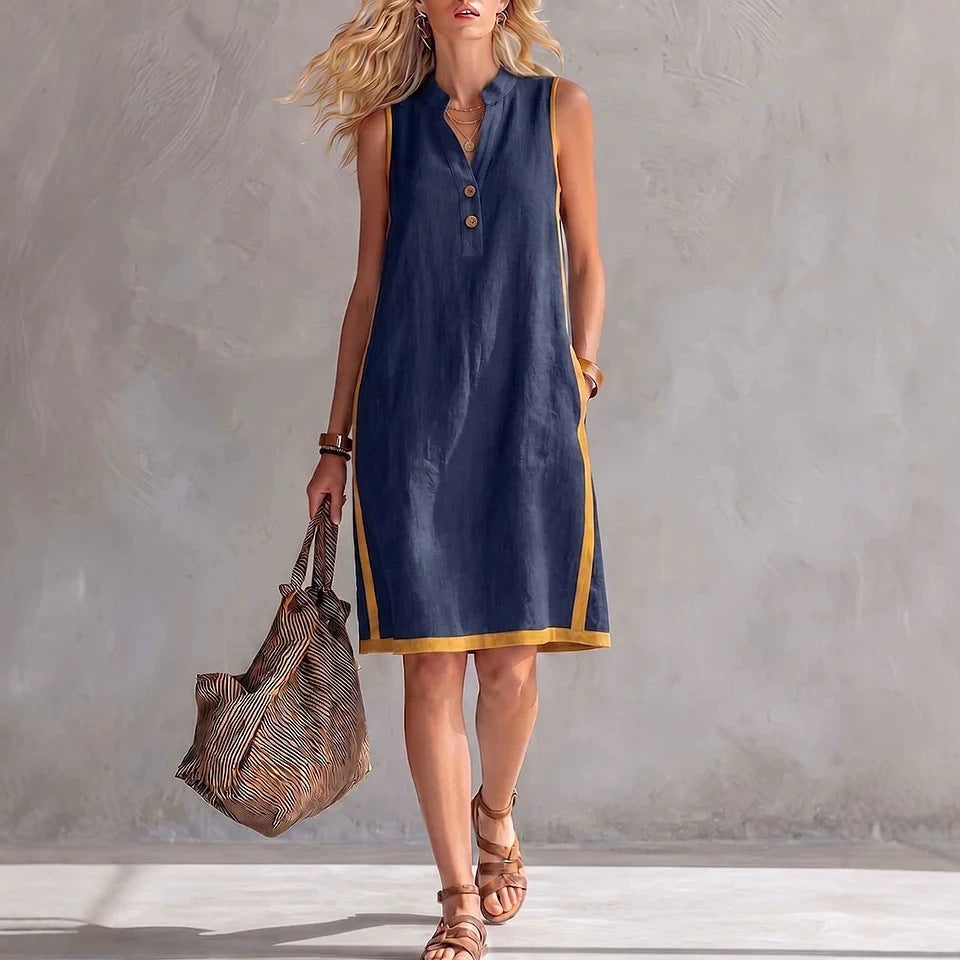 Women's sleeveless V-neck button-front pocketed A-line midi dress by FitiqueFit, casualwear with a stylish V-neck and functional pockets.