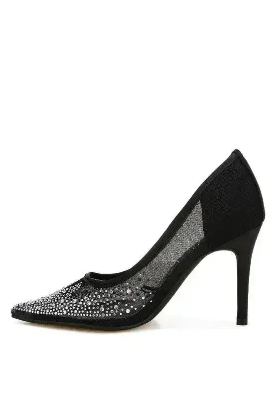 Femstylo high ball mesh rhinestone stiletto pumps with pointed heels and sparkling rhinestone embellishments.