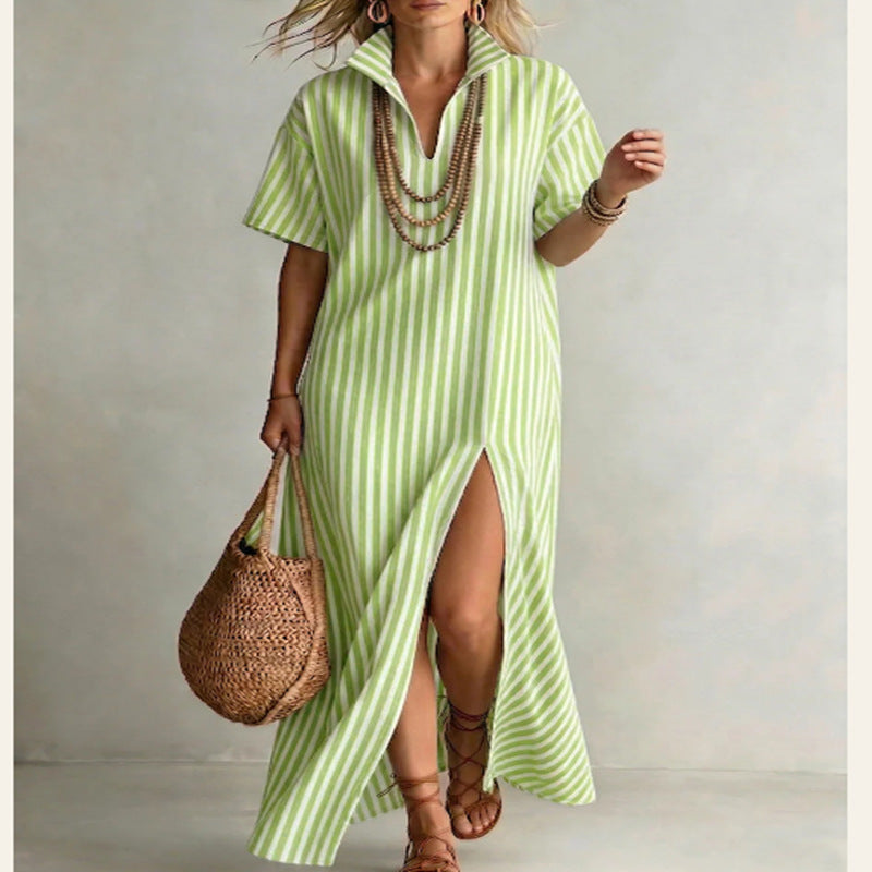 Women's striped cotton-linen maxi dress with V-neck, short sleeves, and slit, casualwear by FitiqueFit.