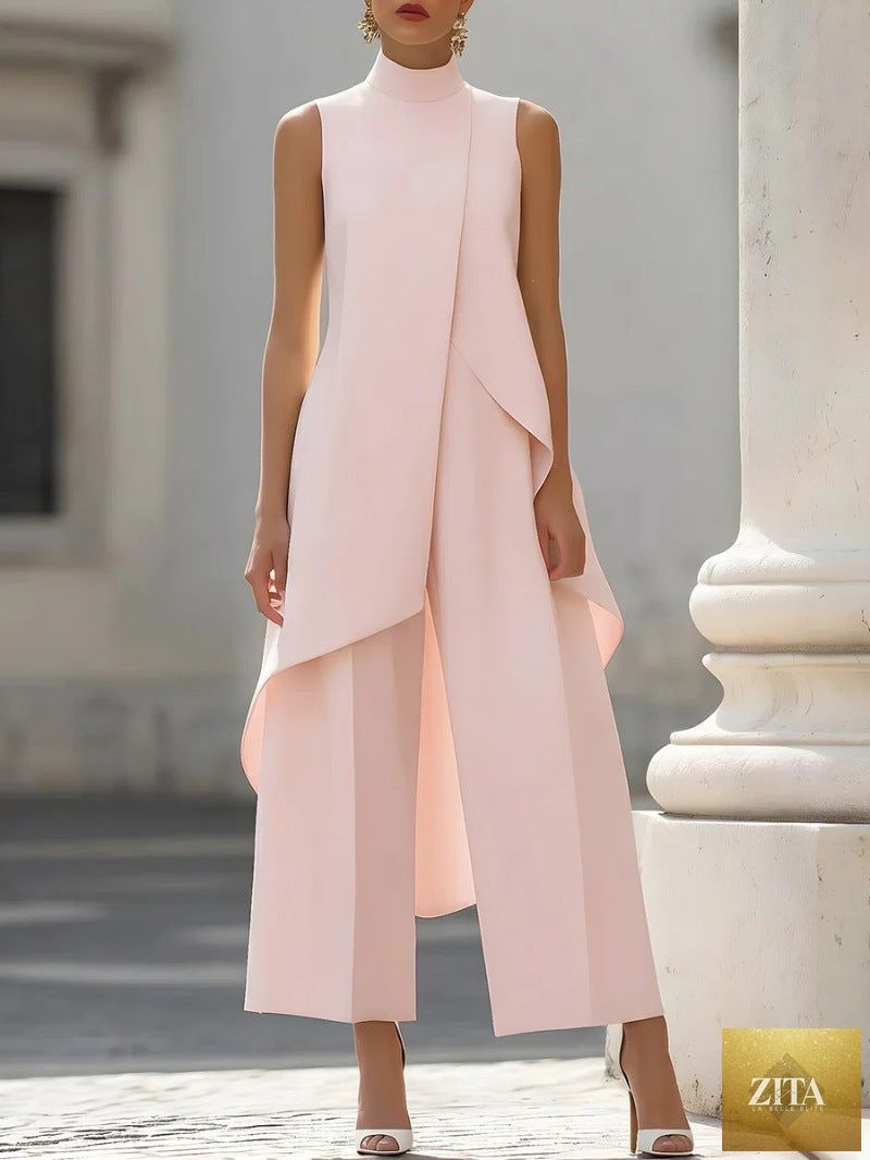 Women's Mock Turtleneck Sleeveless Asymmetric Cascade Drape Longline Top & Wide-Leg Cropped Trouser Set