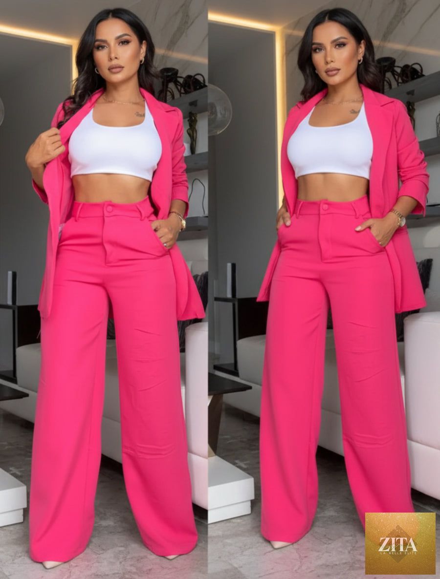 Women's Longline Open-Front Blazer & High-Waist Wide-Leg Trousers Suit Set – 8 Colors