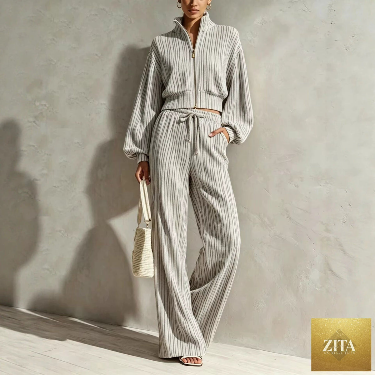 Women's Textured Woven-Stripe Puff-Sleeve Zip Jacket & Wide-Leg Pants Set