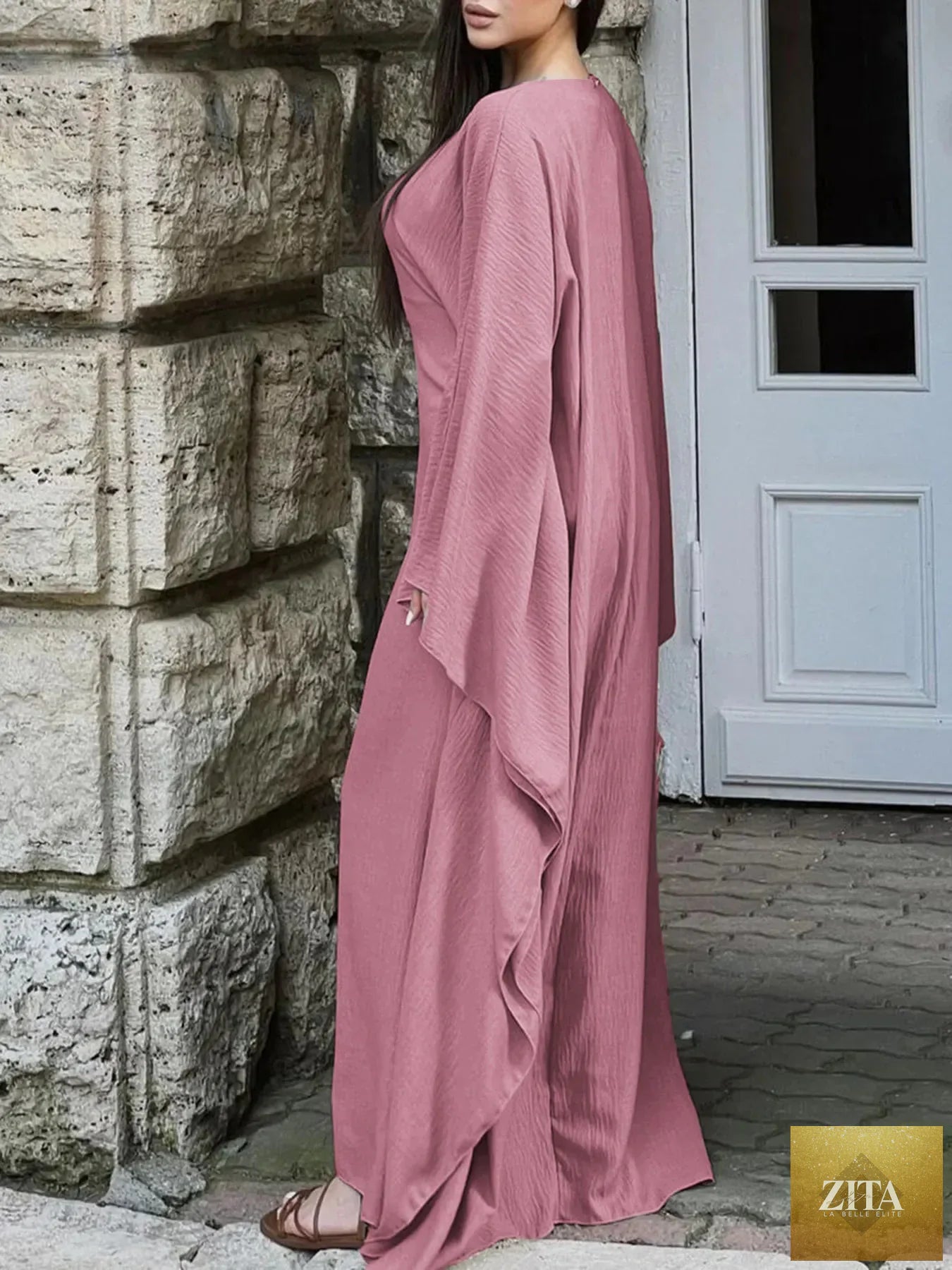 Shopiebay round neck maxi dress with flowing cape sleeves, elegant and comfortable for formal or casual occasions.