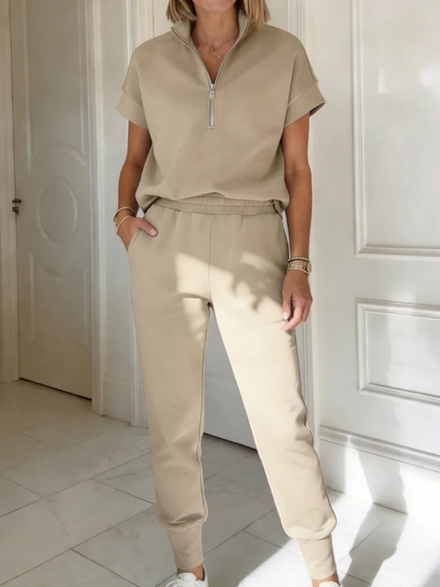 FitiqueFit athleisure knit 3/4 sleeve T-shirt and pants set in three colors, casualwear, available in sizes S to 3XL.