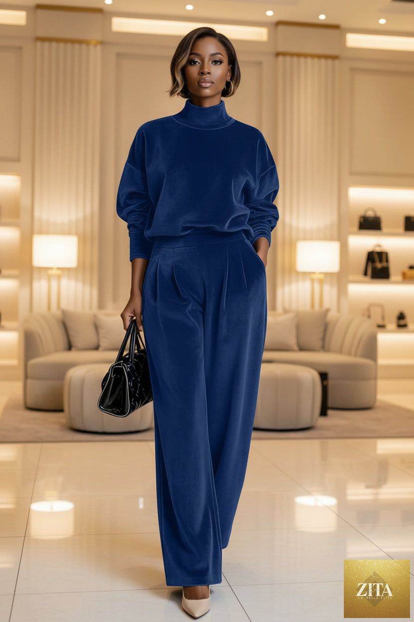Women's Mock Turtleneck Balloon Sleeve Top & Pleated Wide-Leg Trousers Set