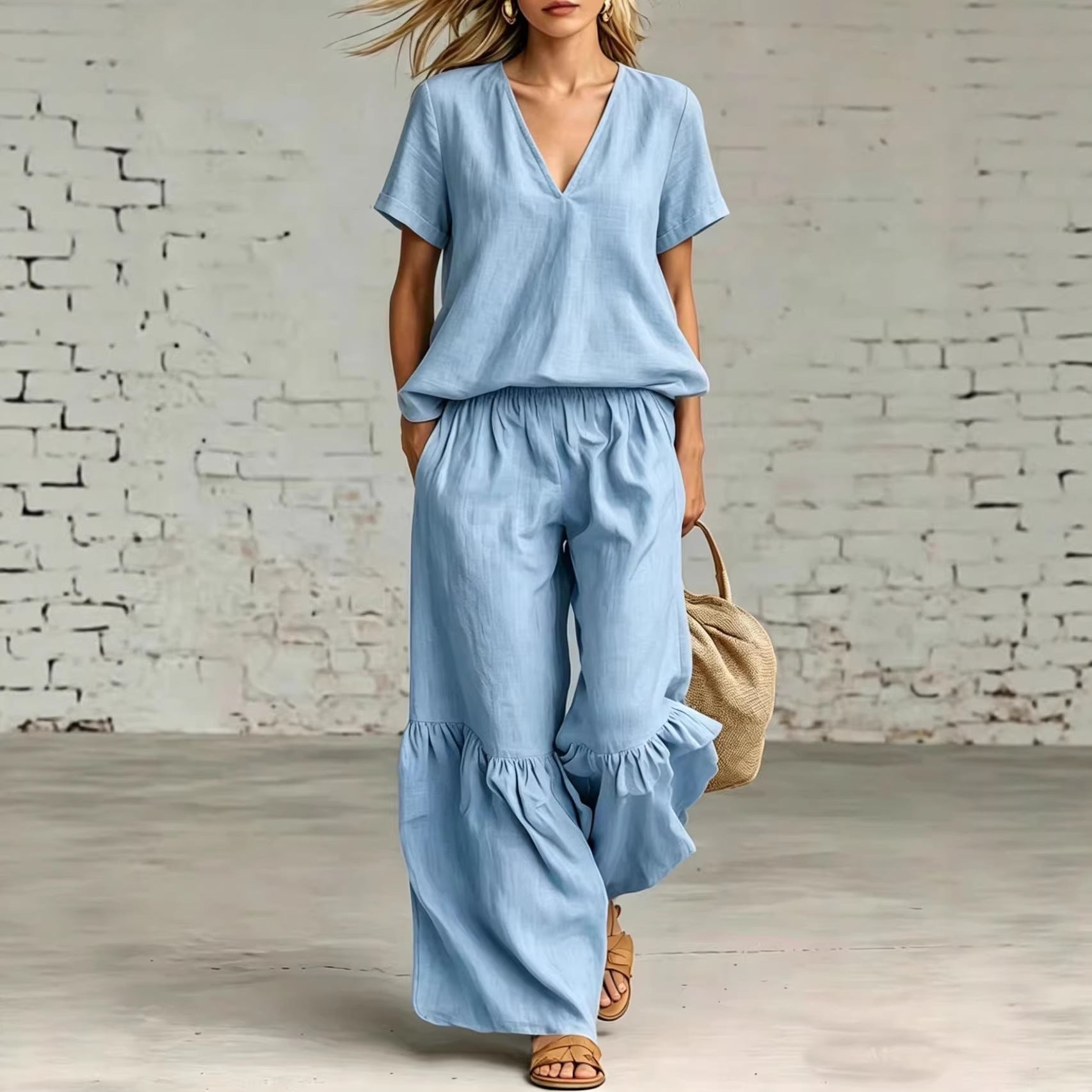 FitiqueFit casual V-neck short-sleeve top and loose pants set in various colors, featuring a relaxed fit and comfortable fabric.