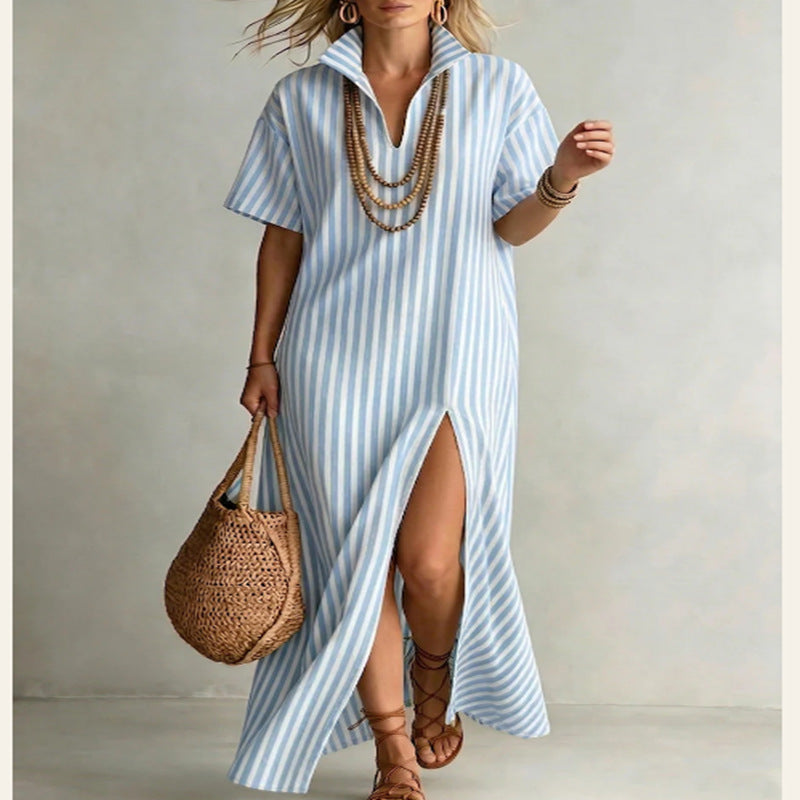 Women's striped cotton-linen maxi dress with slit, V-neck, short sleeves, casualwear by FitiqueFit, shown on a model.