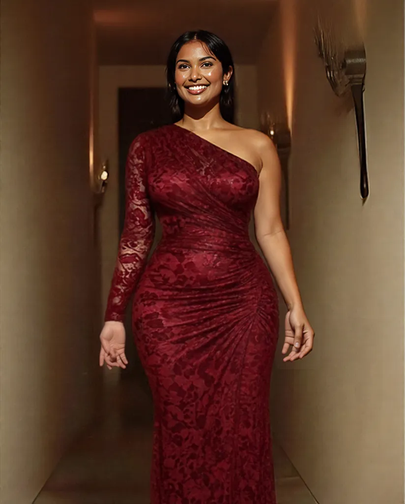 Red FLIPSTYLEZLLC one-shoulder lace fishtail maxi dress with ruched slit, perfect for dinner parties and special occasions.