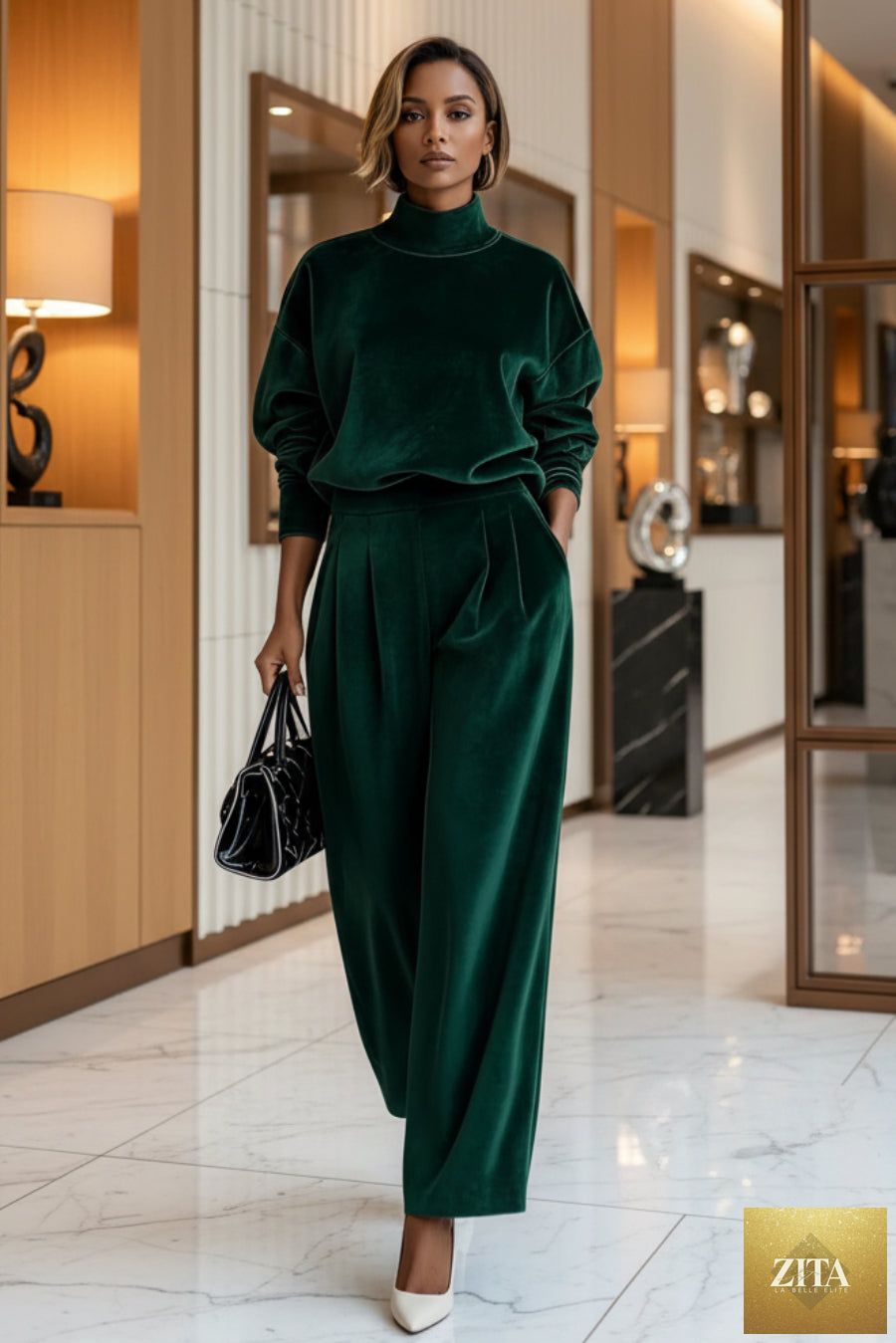 Women's Mock Turtleneck Balloon Sleeve Top & Pleated Wide-Leg Trousers Set