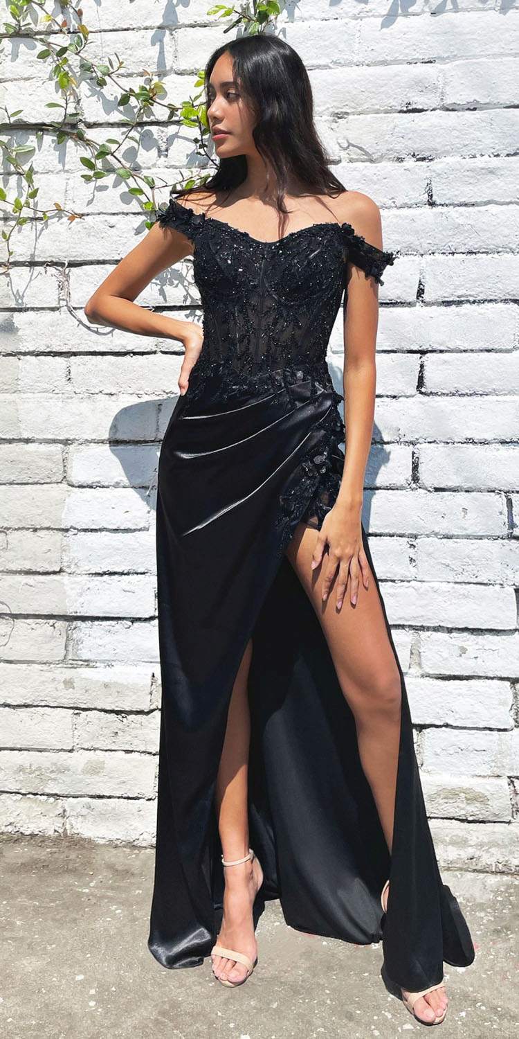 Black Cinderella Divine CD0186 floral off-shoulder gown with slit, elegant long dress with floral design and off-the-shoulder neckline.