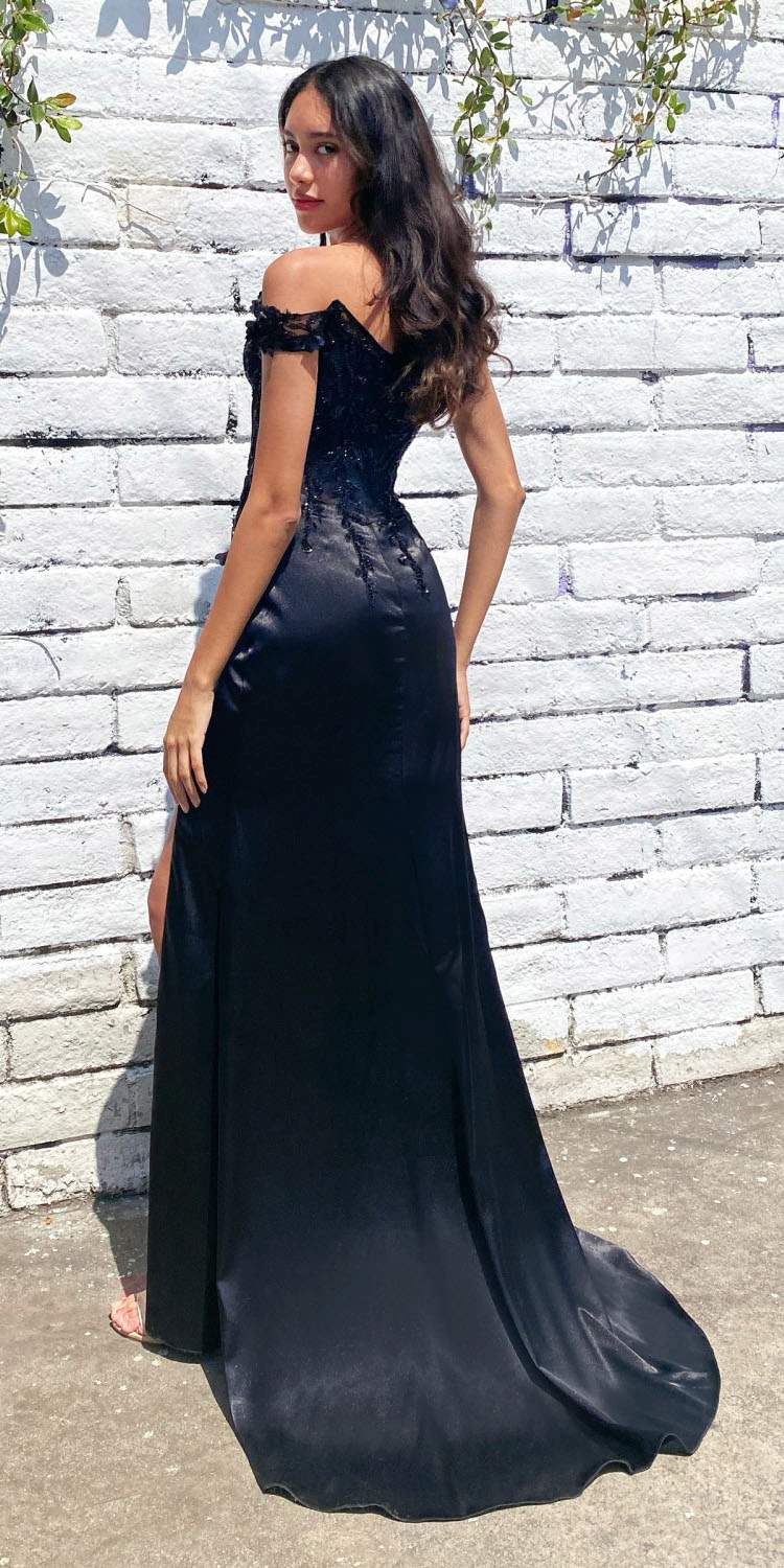 Black Cinderella Divine CD0186 floral off-the-shoulder gown with slit, elegant formal dress for special occasions.