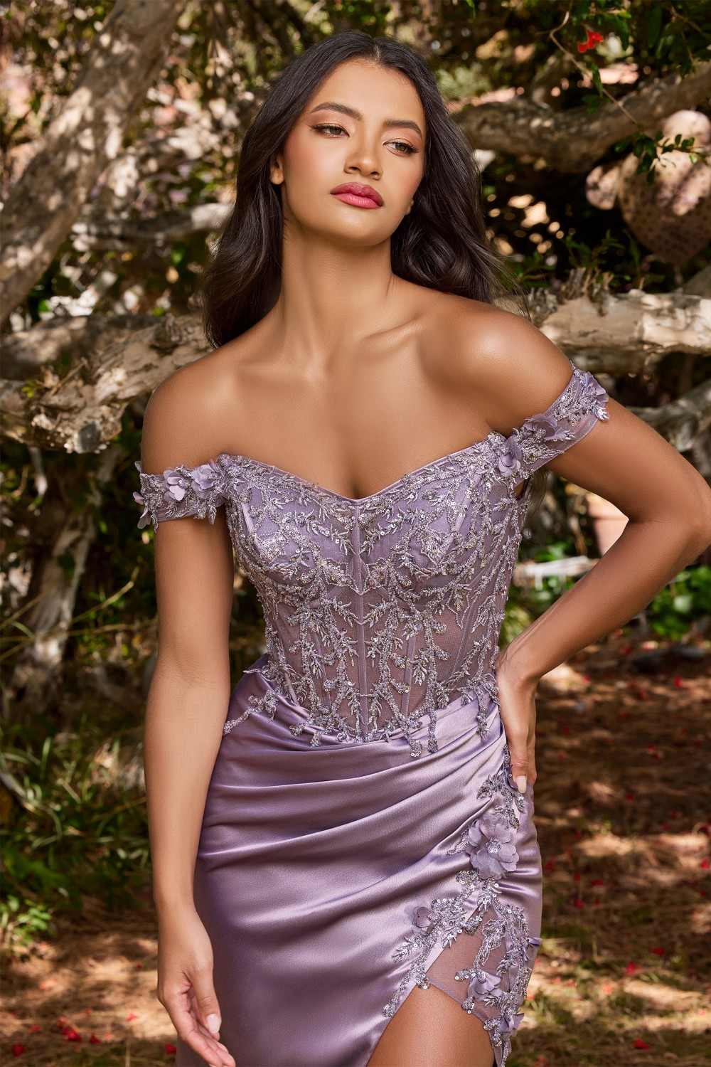 Dusty lavender Cinderella Divine CD0186 floral off-the-shoulder gown with slit, elegant evening dress with flowy fabric and floral details.