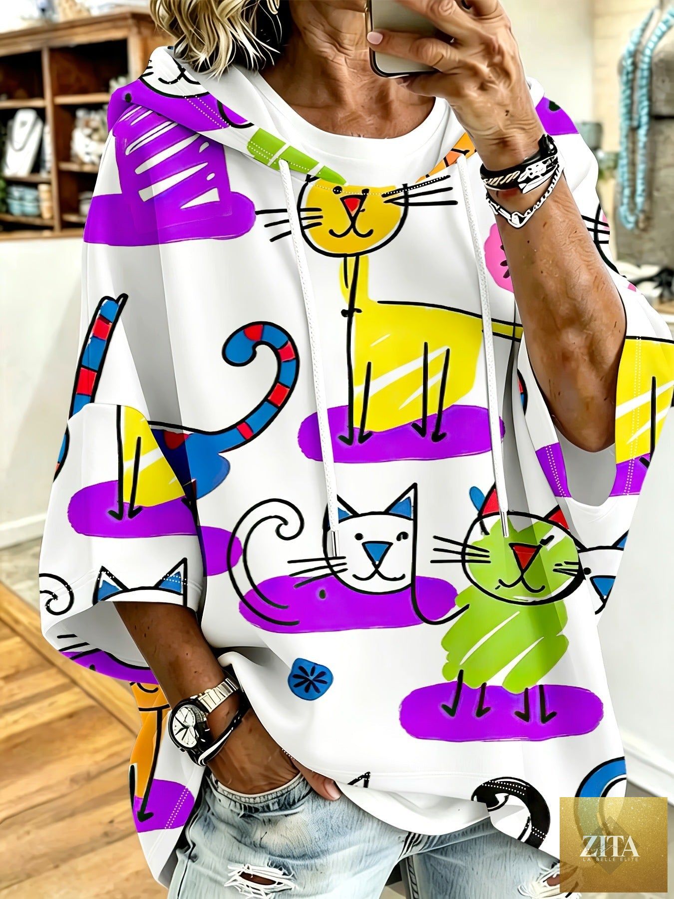 Cartoon Cat Print Hoodie with 3/4 Sleeves & Drawstring