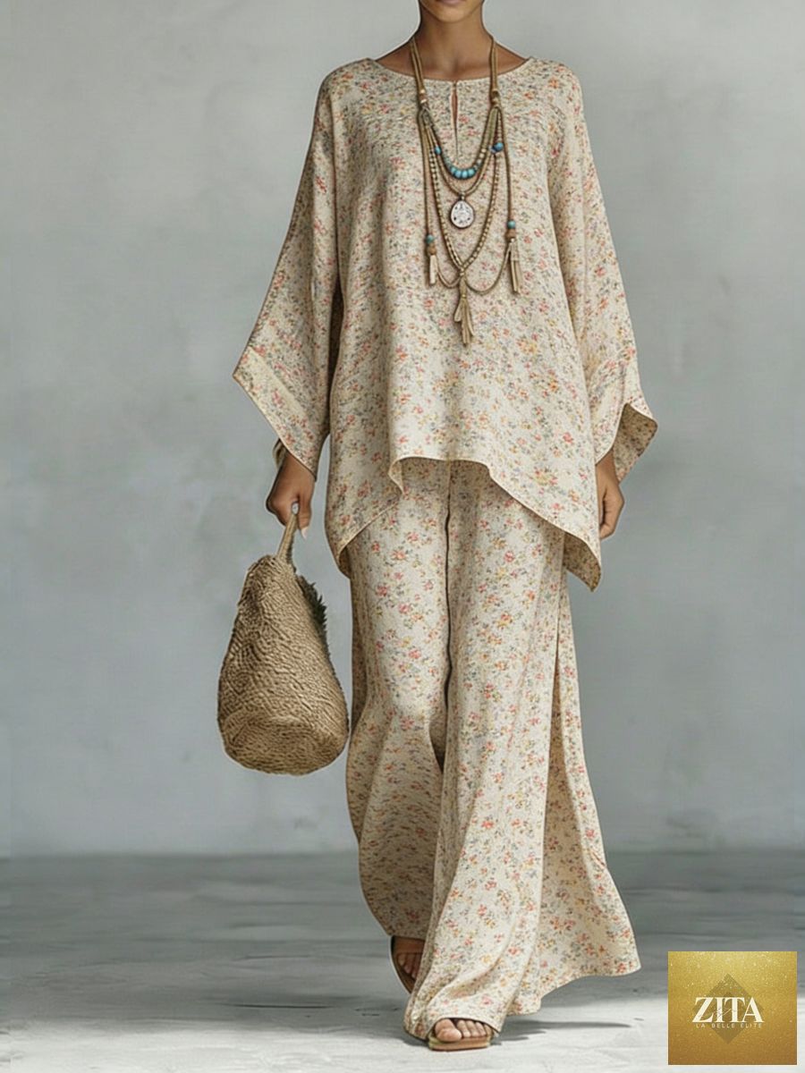 MERIDGE floral print bamboo linen two-piece set with wide-leg pants, showing the vibrant floral pattern and relaxed fit.