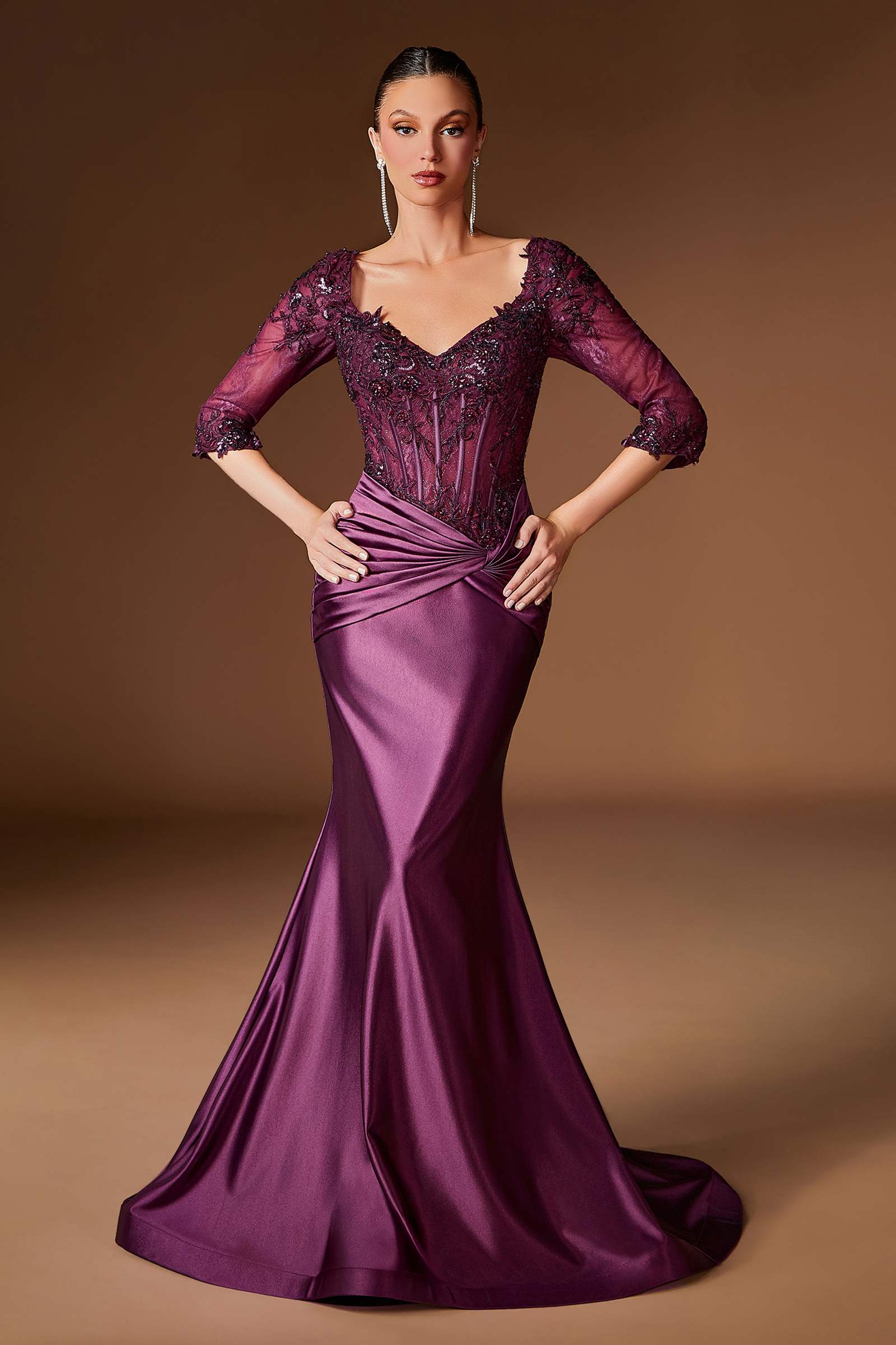 Eggplant Ladivine CD731 fitted embroidered bodice stretch satin evening gown, elegant dress with intricate embroidery.