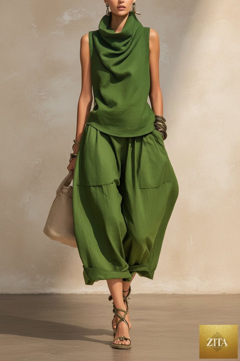 Women's Draped Cowl-Neck Sleeveless Top & Voluminous Balloon Lantern Trouser Set