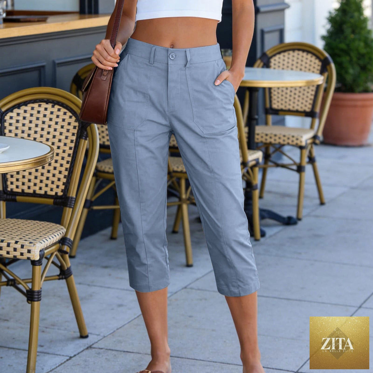 Women's solid color high waist cargo capris pants with patch pockets, summer casual work cropped pants by Sell My Stuff.