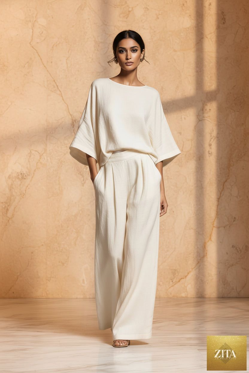Women's Batwing-Sleeve Top & Wide-Leg Pleated Trousers Two-Piece Set