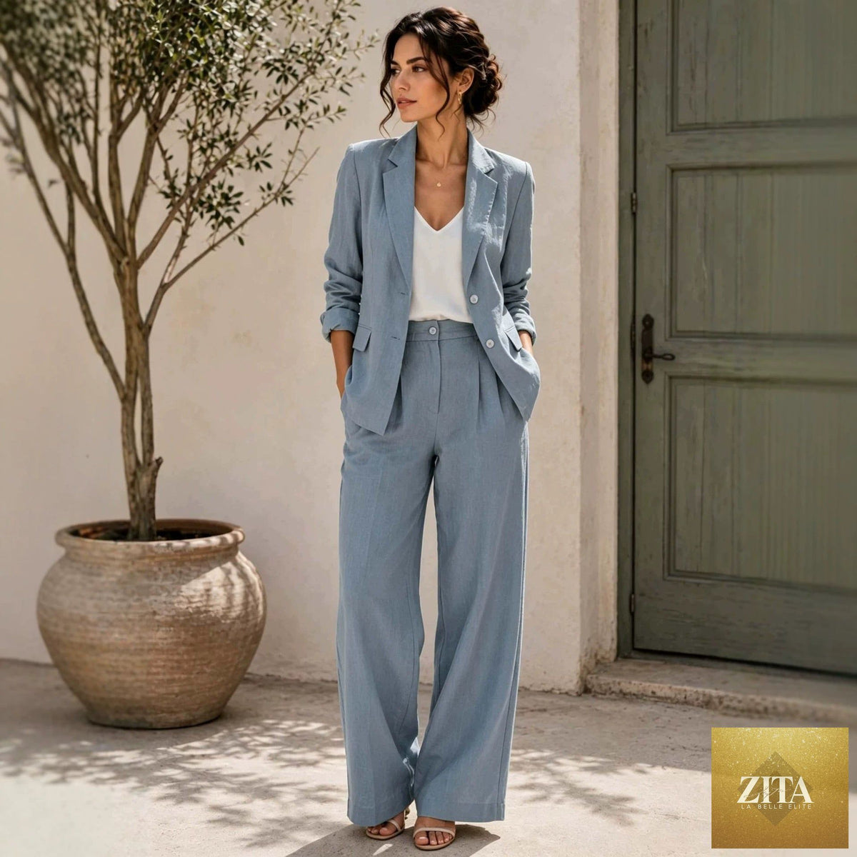 Women's Linen-Look Oversized Double-Breasted Blazer & Wide-Leg Pleated Trouser Suit Set