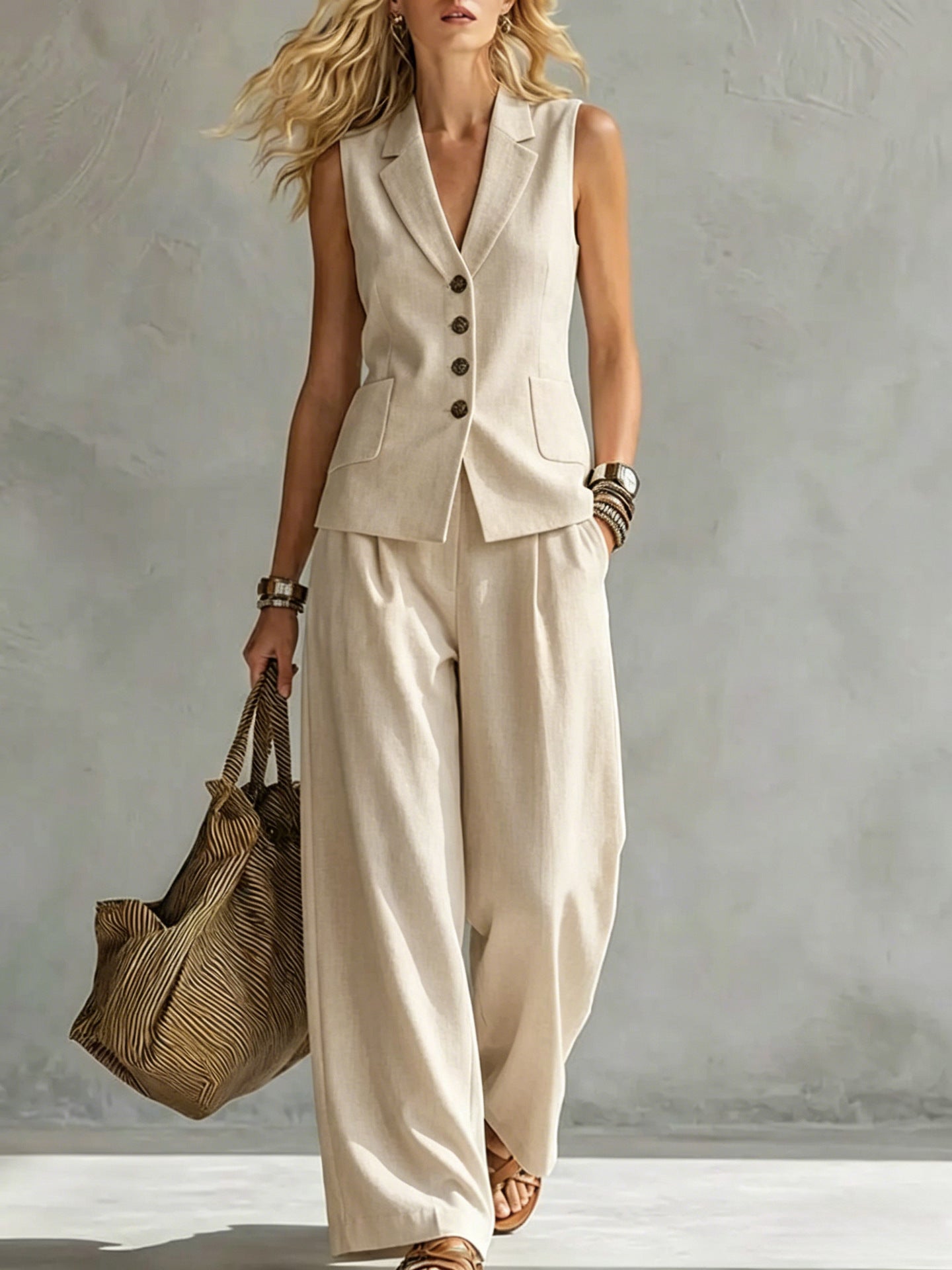 Women's solid linen sleeveless tank top and full-length pants set by FitiqueFit, casualwear outfit in soft linen fabric.