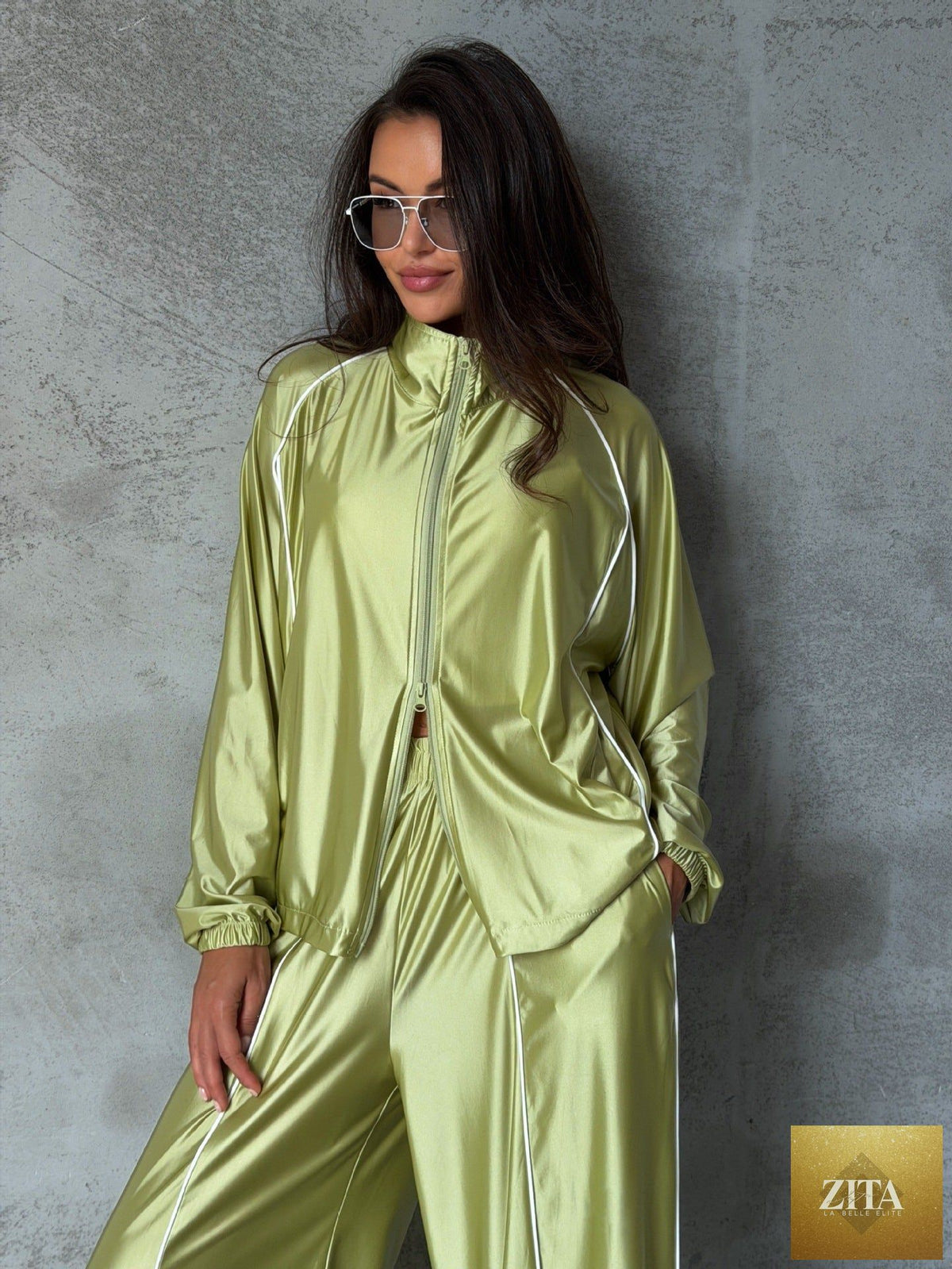 Women's Satin-Finish Zip Track Jacket & Wide-Leg Pants Set