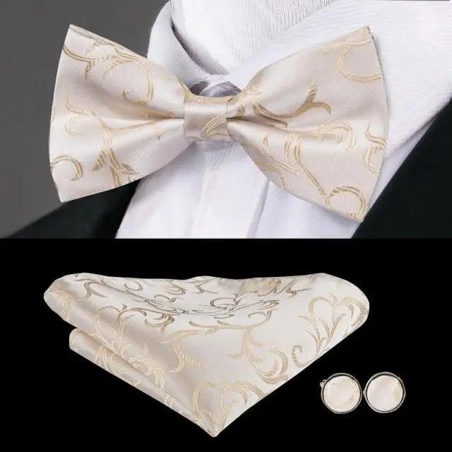 Classic Green Bow Ties Men Silk Butterfly Tie  With Pocket Square And Cufflinks Set For Men Elegant Design Wedding Party Bowties Solid Color Gentleman Bow Tie And Pocket Square Cufflink Set