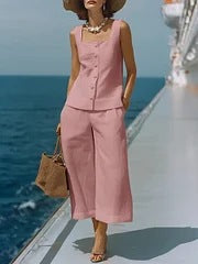Women's Cotton Linen Square Neck Top & Capri Pants Set