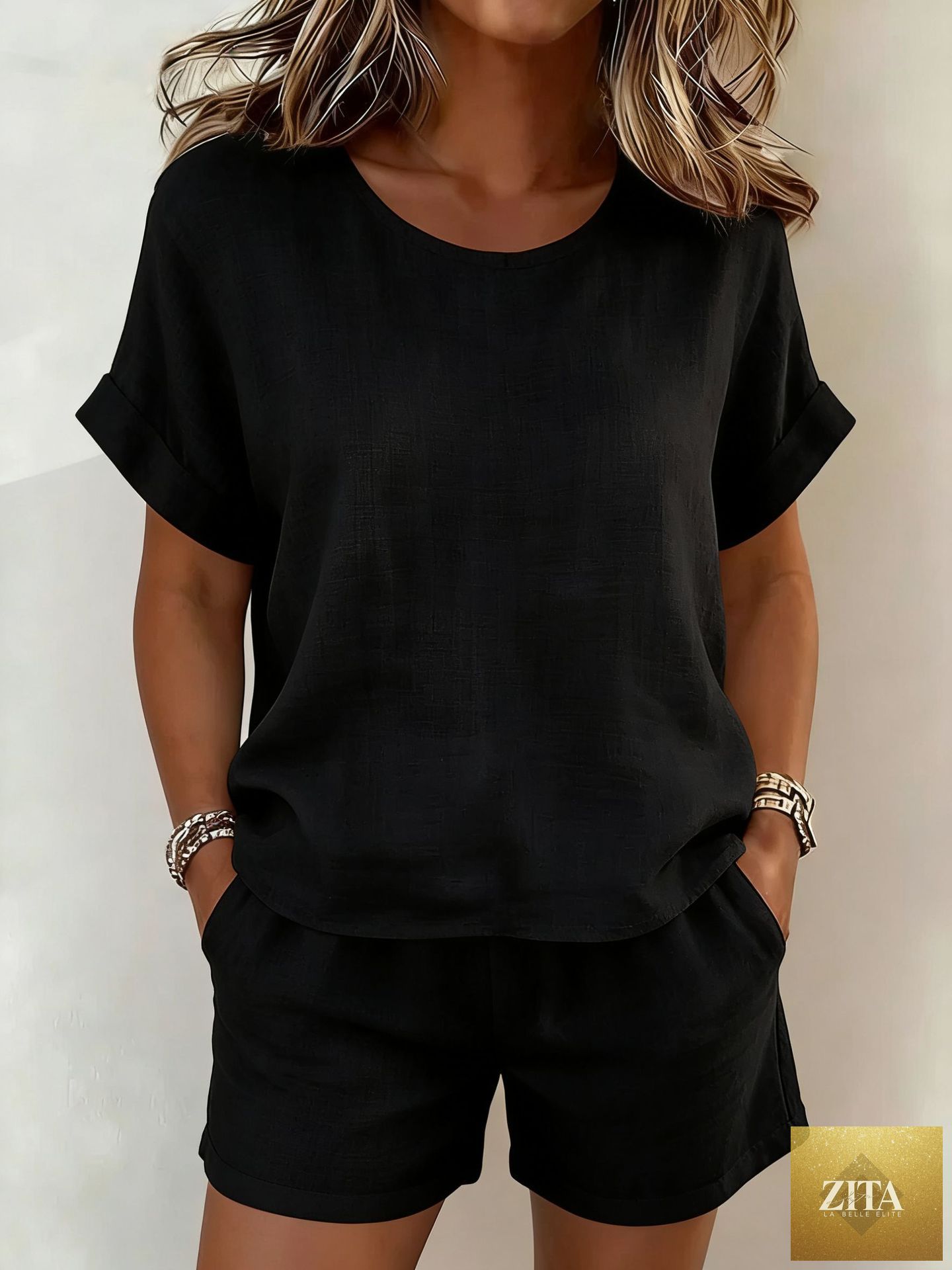 Women's Relaxed Cotton-Linen Cuffed Sleeve Top & Shorts Two-Piece Set